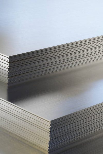 Steel or aluminum sheets in warehouse, rolled metal product. 3d illustration.