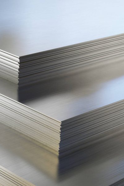 Steel or aluminum sheets in warehouse, rolled metal product. 3d illustration.